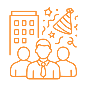 Symbol mit dünnen orangefarbenen Linien, das das Thema „Firmenfeiern“ mit transparentem Hintergrund darstellt.