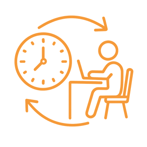 Symbol mit dünnen orangefarbenen Linien, das das Thema „Flexible Arbeitszeiten“ mit transparentem Hintergrund darstellt.