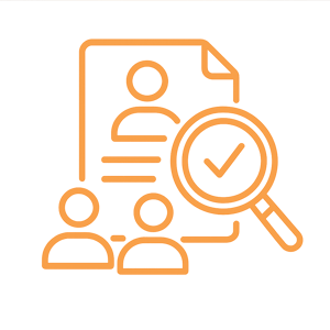 Symbol mit dünnen orangefarbenen Linien, das das Thema „HR-Überprüfung und Vorauswahl“ mit transparentem Hintergrund darstellt.