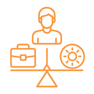 Symbol mit dünnen orangefarbenen Linien, das das Thema „Work-Life-Balance“ mit transparentem Hintergrund darstellt.