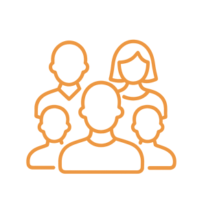 Symbol mit dünnen orangefarbenen Linien, das das Thema „Das Team kennenlernen“ mit transparentem Hintergrund anzeigt.