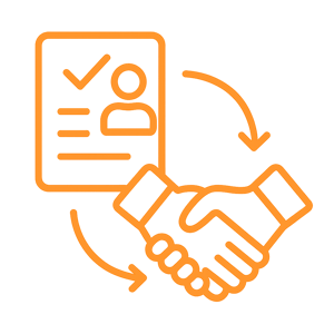 Symbol mit dünnen orangefarbenen Linien, das das Thema „Onboarding“ mit transparentem Hintergrund darstellt.
