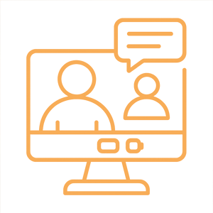 Symbol mit dünnen orangefarbenen Linien, das das Thema „Online-Meeting“ mit transparentem Hintergrund darstellt.