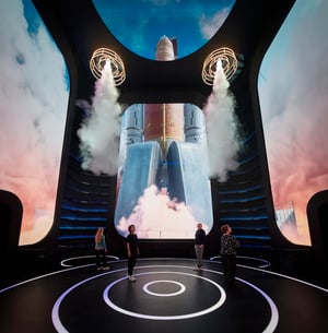 Indoor scene with a large screen showing rocket engines emitting smoke or steam; a few people standing in front.