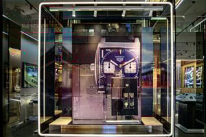 TAG Heuer Schaufenster mit überdimensionalem Zifferblatt und sichtbaren mechanischen Komponenten. Innenraum hell beleuchtet mit Uhren-Displays.