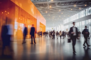 People, blurred by movement, in a large exhibition hall with a glass front and walls.