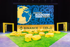 Seating area of the Binance Blockchain Week with yellow design elements.