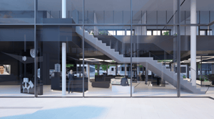 Außenansicht durch große Glasfenster in einen modernen Innenraum mit Treppe zum Obergeschoss und verschiedenen Sitzbereichen.