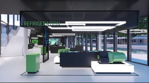 Ein weiterer Blickwinkel auf denselben oder einen ähnlichen Raum, mit dem Schriftzug „REFRIGERATION“. Grüne und schwarze Möbel sind ordentlich angeordnet.