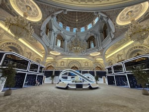 Luxurious exhibition hall with an elegant, modern fountain centerpiece featuring a spherical sculpture and illuminated curved design, surrounded by intricate architectural details and display booths.