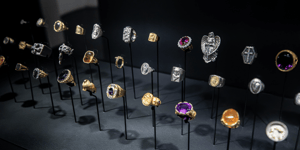 Several collections of rings in an exhibition by L'École Van Cleef & Arpels.