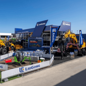 A large Liugong exhibition stand at bauma, an international trade fair for building and construction machinery.