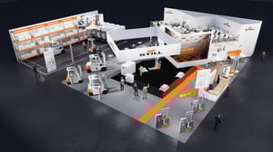 Gesamtansicht des STILL-Messestandes aus der Vogelperspektive mit klarer Struktur, Produktpräsentationen und Informationsbereichen.