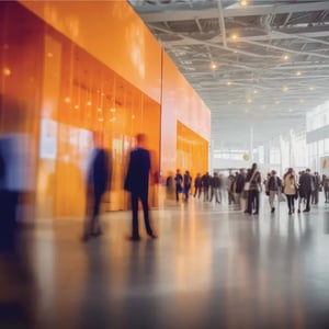 People, blurred by movement, in a large exhibition hall with a glass front and walls.