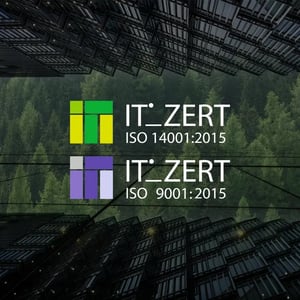 ISO 14001 logo and ISO 9001 logo on top of a background that showcases a futuristic building in front of a green forest.
