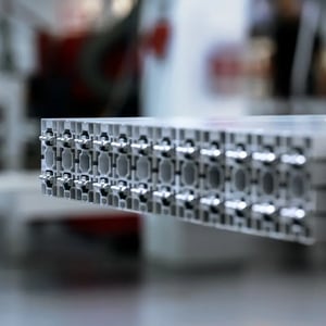 Close-up of an octanorm aluminium system profile with precise grid structure, used as a core structural component for modular brand spaces in exhibition construction.