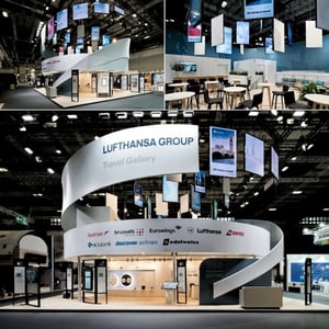 Lufthansa exhibition stand with floating displays and white, wavy elements.
