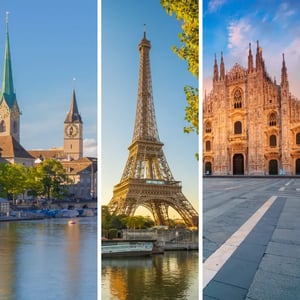 Three pictures, each depicting famous landmarks for either Zurich, Paris or Milan.