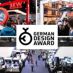 Three different exhibition stands. In the center of the picture there is the logo of the GERMAN DESIGN AWARDS 2025.