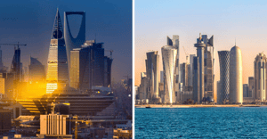 Skylines von Riyadh und Dubai, die stellvertetend für ET GLOBALs neue Niederlassungen stehen.