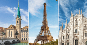 Bekannte Sehenswürdigkeiten aus Zürich, Paris und Mailand als Repräsentation unserer neuen Standorte in den Städten.
