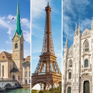 Three pictures, each depicting famous landmarks for either Zurich, Paris or Milan.