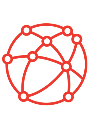 Ein Symbol in Form eines Globus mit miteinander verbundenen Knotenpunkten, dargestellt durch Kreise, die durch Linien verbunden sind und ein Netzwerk oder eine wirklich globale Vernetzung symbolisieren.