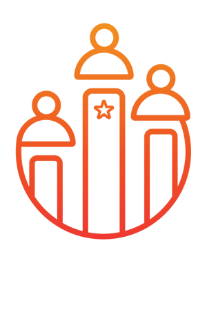 An icon of a podium with three figures. The central figure stands on the highest platform marked with a star, representing a market leader and first place, while the other two figures stand on lower platforms indicating second and third places.
