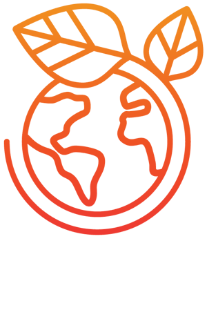 Ein Umriss der Erde mit zwei Blättern, die aus der Spitze sprießen und für ökologische Nachhaltigkeit stehen. Das Design zeichnet sich durch Farbverläufe von Orange zu Rot aus.