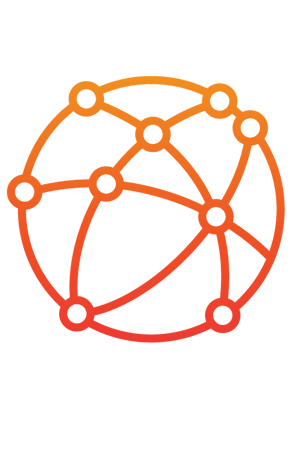 An icon of a globe with interconnected nodes, represented by circles connected by lines, symbolizing a network or truly global connectivity. The icon is designed with a gradient color scheme transitioning from orange to red.