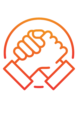 Eine Illustration von zwei Händen, die sich zu einem Handschlag reichen, mit einem Halbkreis darüber. Das Design zeichnet sich durch einen Farbverlauf von Orange zu Rot aus, der eine vertrauensvolle Partnerschaft symbolisiert.
