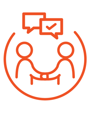 Icon showing two people shaking hands and communicating via speech bubbles.