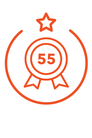 An icon of a quality seal featuring the number 55 with a star above it.