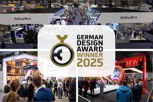 Three different exhibition stands. In the center of the picture there is the logo of the GERMAN DESIGN AWARDS 2025.